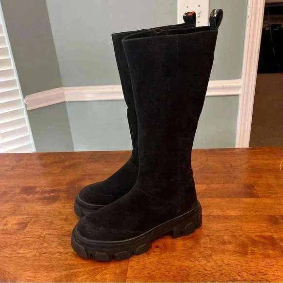 New Farm Rio Anthropologie tall black suede lug sole boots embroidered back sz 7 - Picture 5 of 13